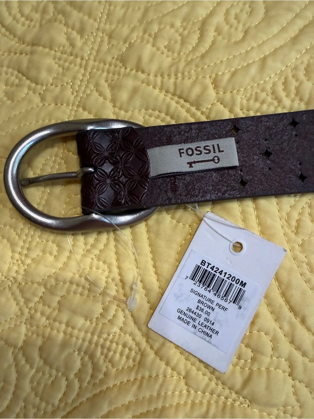 Fossil Dark Brown Textured Leather S Belt with Silver Buckle